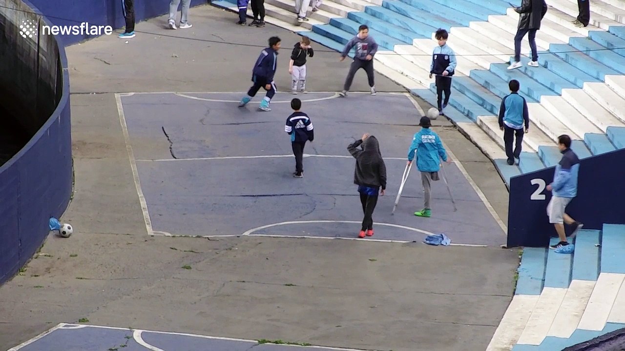 One-legged boy on crutches scores wonder goal