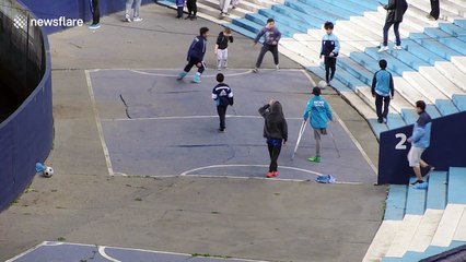 One-legged boy on crutches scores wonder goal