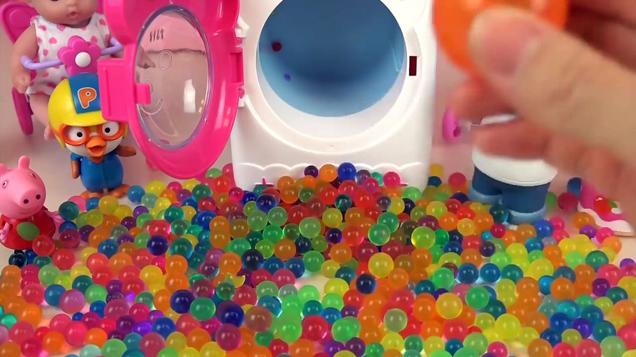 Baby Doll washing machine play Orbeez Surprise eggs toys with Pororo