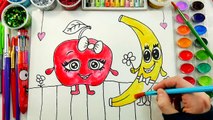 Draw Color Paint Apple and Banana Fruit Coloring Page Kids to Learn Painting