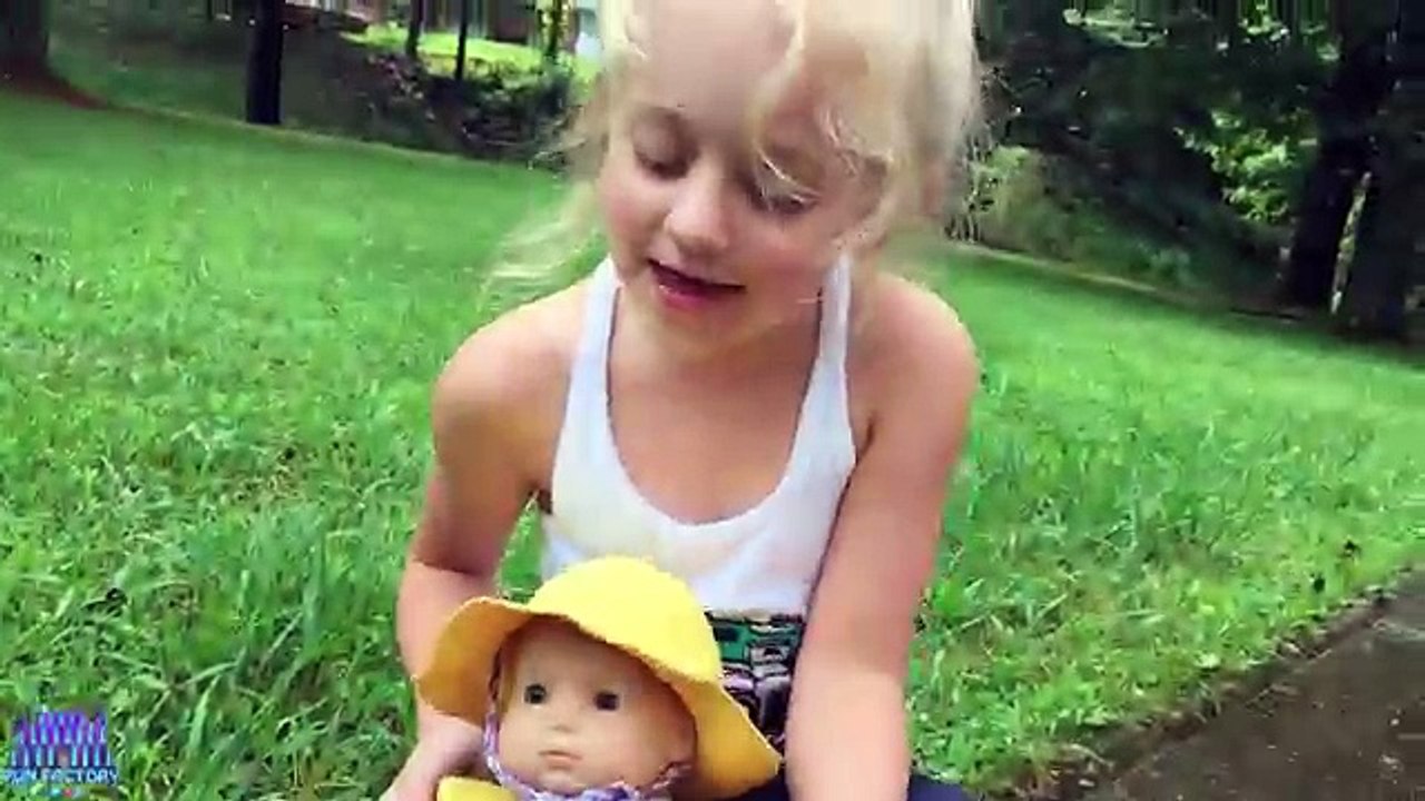 American Girl Bitty Baby Doll Playing in Rain Puddles at the Pirate Ship Park Playground for Kids
