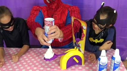 Spiderman Pie Face Game Catwoman vs Batgirl In Real Life! Little SuperHero Kids Fun