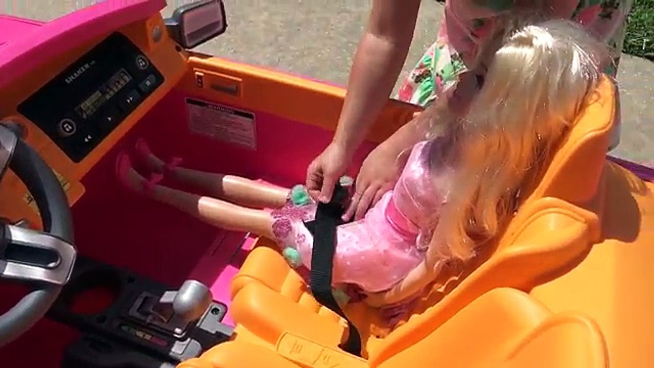 Driving Barbie Power Wheels Ride on Car & Giant Surprise Egg Hunt W/ American Girl Bitty B