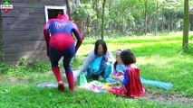 Spiderman & Frozen Elsa vs Witch Maleficent and Joker Blow Bubbles Baby Elsa & Superman Children