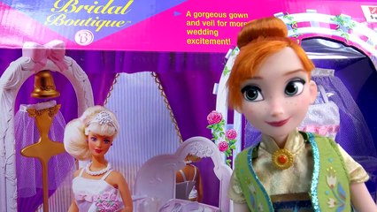 Barbie Doll Wedding Dress Up Boutique Playset with Disney Frozen Queen Elsa + Princess Anna Video