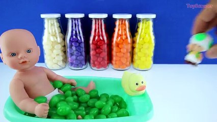 BABY DOLL BATH TIME! Learn Colors w/ Jelly Bean Bottle Toy Surprises - Kids Toddlers