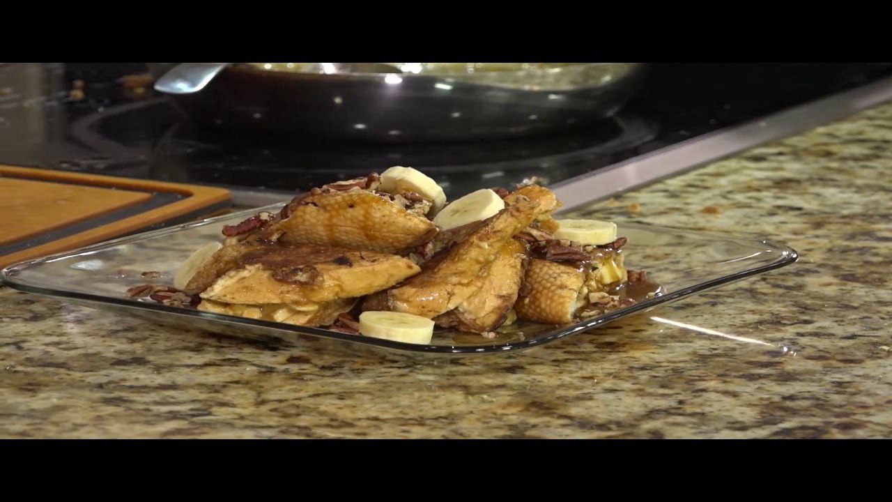 Bananas Foster Stuffed French Toast with Caramel Rum Sauce