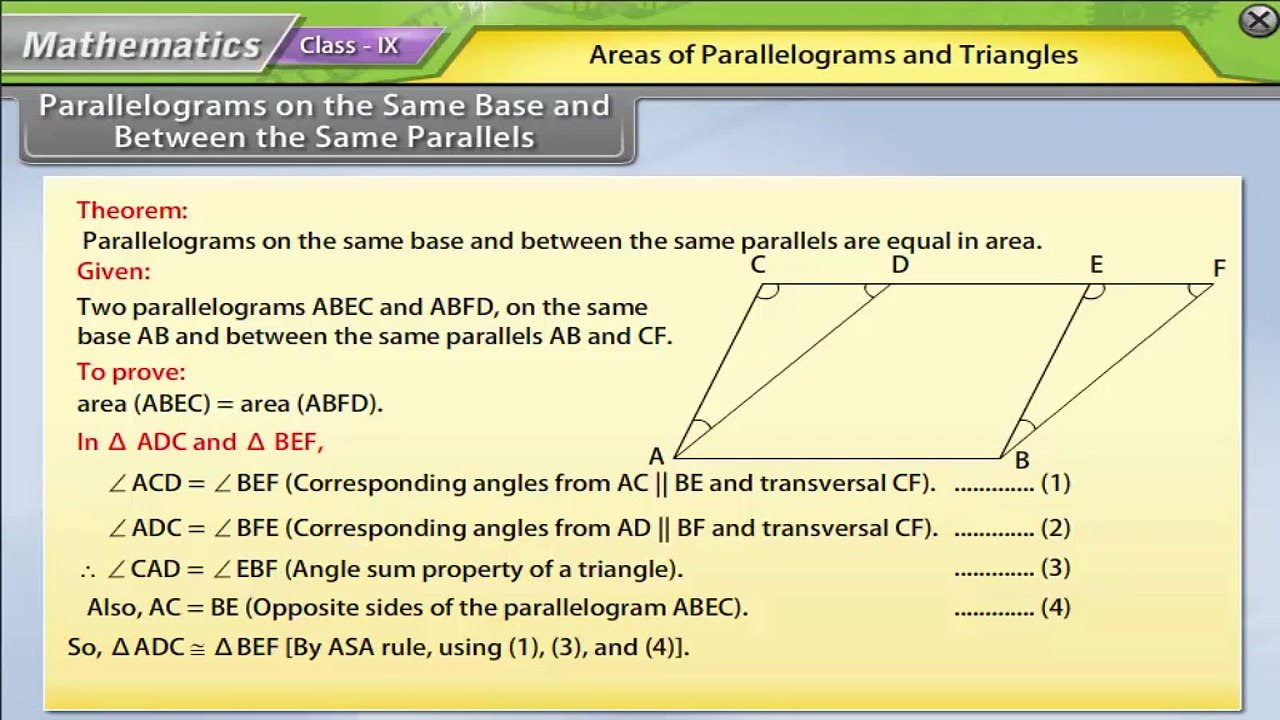 Areas of Parallelograms and Triangles : CBSE Class 9 Mathematics Animated Video Lectures in English & Hindi