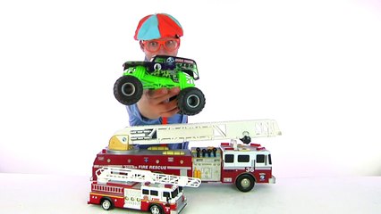 Fire Truck toy putting out fires and playing with monster truck grave digger | Blippi Toys