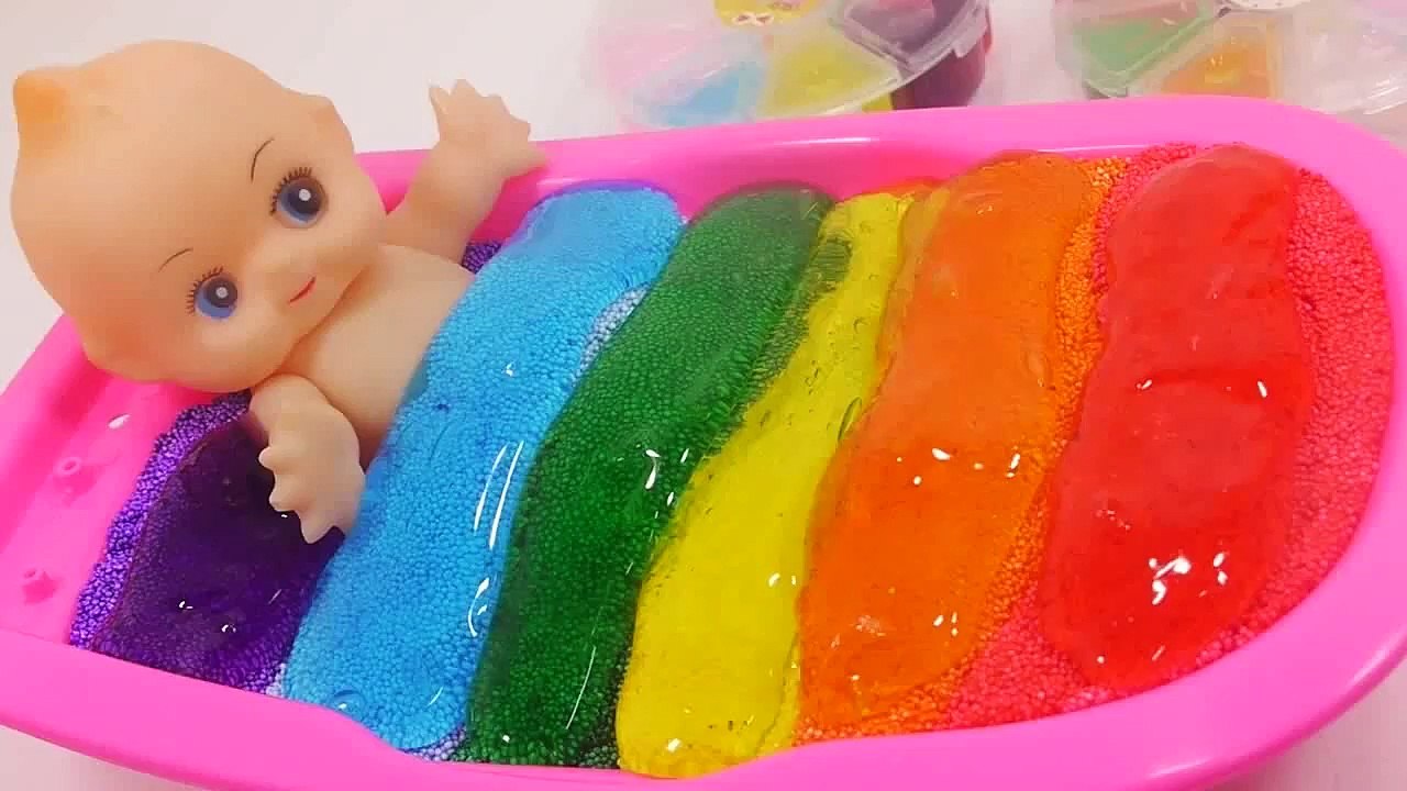 Learn Colors How To Make Rainbow Foam Clay Jelly Slime Baby Doll Bath Time DIY