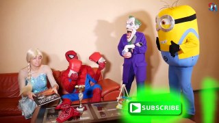 Boxing Spiderman vs Joker and Frozen Elsa eating ear w/ Hulk Minion Maleficent superhero Fun IRL