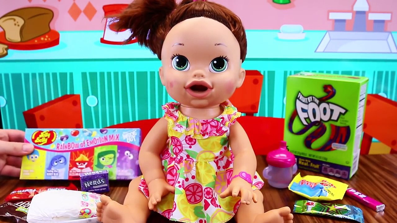 BABY ALIVE Candy Eating Challenge Doll vs Food + M&Ms, Fruit by The Foot, Jelly Belly, Pez