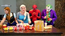 Frozen Elsa & Spiderman vs Joker * Big Mac McDonalds * w Anna, Superman - Superhero In Real Life IRL