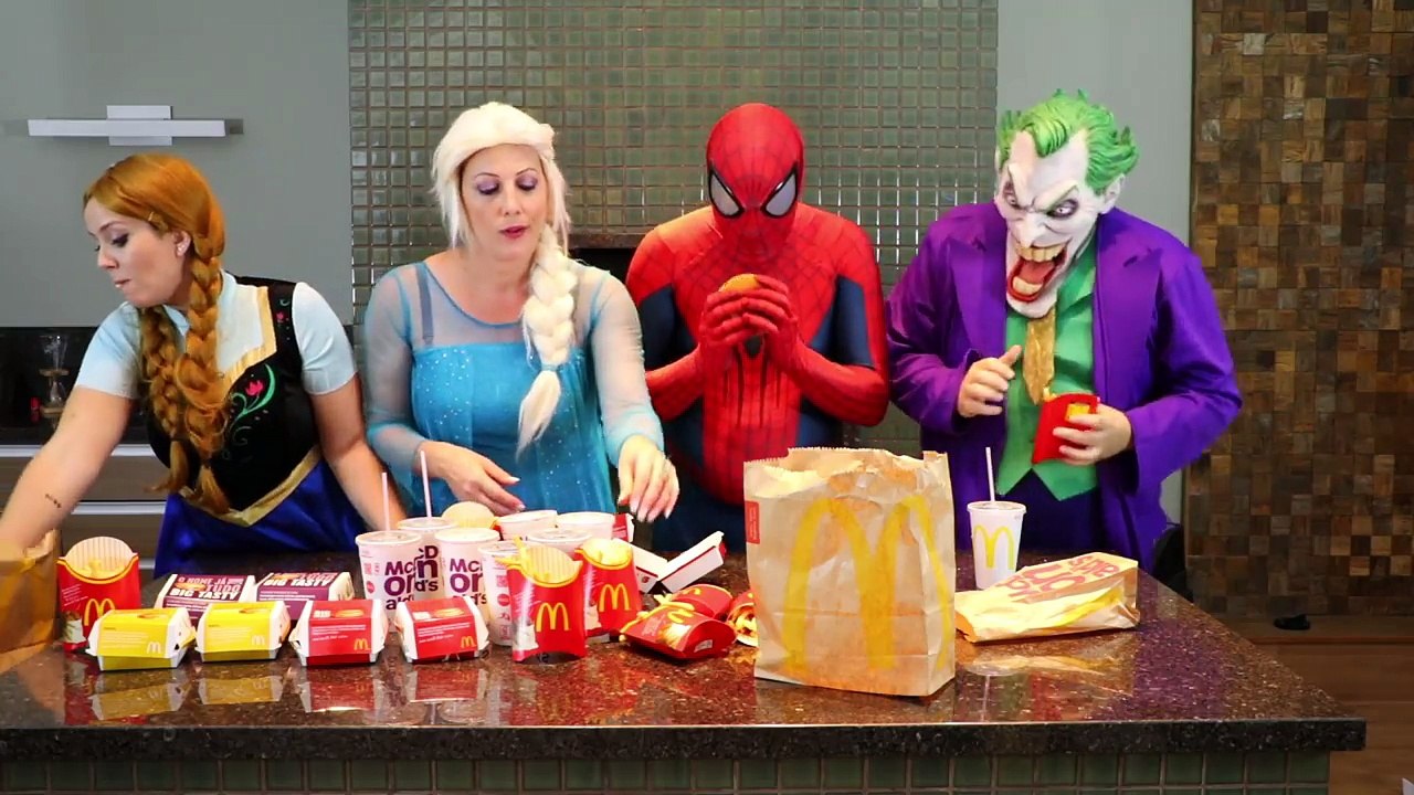 Frozen Elsa & Spiderman vs Joker * Big Mac McDonalds * w Anna, Superman - Superhero In Real Life IRL