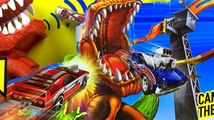 HOT WHEELS PISTA DUELO DE DINOSAURIO T-REX TAKEDOWN CON SONIDOS DEL DINOSAURIO Y 18 COCHES INCLUIDO