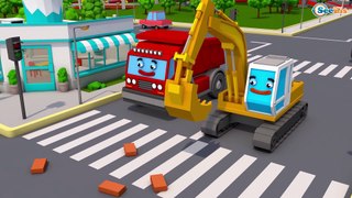 The Yellow Excavator and Giant Red Truck - Construction Trucks 3D Kids Cartoon Cars & Trucks Stories