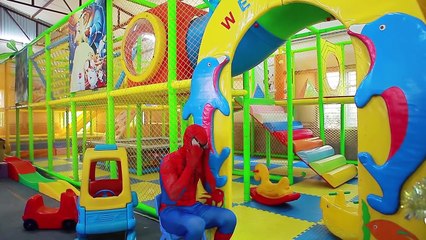 Spiderman is Ticket holder Joker Learn drive Car over toy Masha play at Bounce House Superhero funny