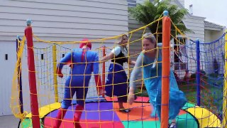 Spiderman & Frozen Elsa TRAMPOLINE PRANK w/ Anna Joker Girl Fun Kids Movie Superhero Real Life