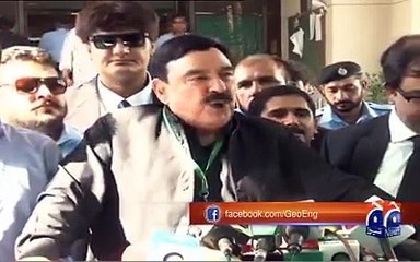 Sheikh Rasheed outside National Assembly Pakistan speaking with journalist.