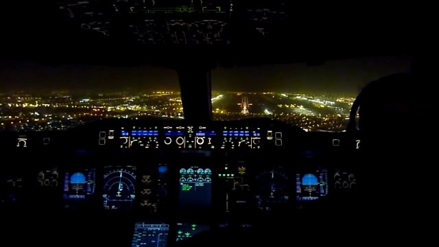 Emirates Airbus A380 Night Landing in Dubai International Airport - Cockpit Jumpseat View