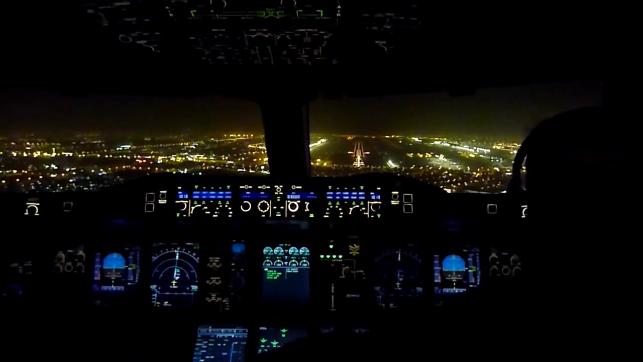 Emirates Airbus A380 Night Landing in Dubai International Airport - Cockpit Jumpseat View