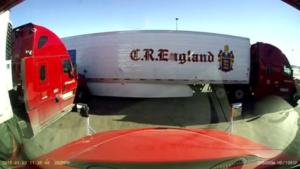 Two CR England Semi Trucks Collide At Loves Truck Stop