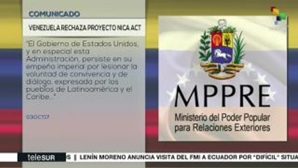 Venezuela condena aprobación del proyecto Nica Act en EE.UU.