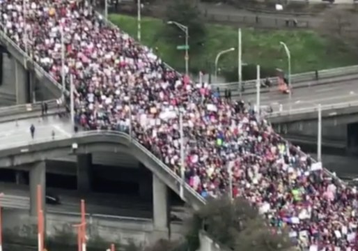 Women's March Fills Fly Over Above Interstate 5 in Downtown Seattle