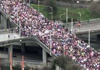 Women's March Fills Fly Over Above Interstate 5 in Downtown Seattle