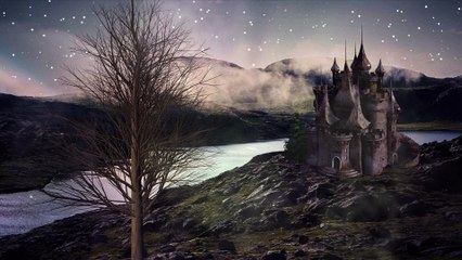Magic Fantasy Castle by the River with Mist and Stars
