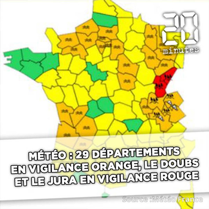 Météo: 29 départements en vigilance orange, le Doubs et le Jura en vigilance rouge