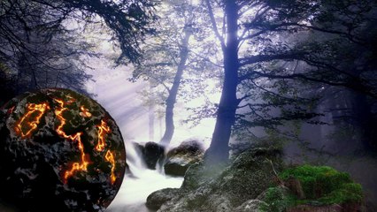 Smoking Red Hot Meteor Resting Beside Relaxing Waterfall