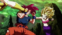 Goku becomes Super Saiyan God against Kale and Caulifla (Subbed)