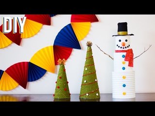  DIY - 3 ENFEITES DE NATAL PARA A SUA CASA  Boneco de lata, Mini Árvore e Leques