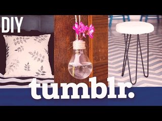 DIY - 3 DECORAÇÕES TUMBLR | Almofada de folhas, Vaso de lâmpada e Banco peludo