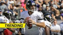 Joe Flacco trips, gets up, and throws a completion mid-fall