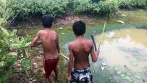 Primitive Bowfishing - Amazing Kids Make Bow And Arrow With Bamboo Skewer - Hunt n Cook