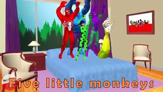 Five Little Colored Spiderman Frozen Elsa Venom Ladybug Hulk Jumping on the Bed