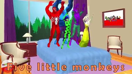 Five Little Colored Spiderman Frozen Elsa Venom Ladybug Hulk Jumping on the Bed