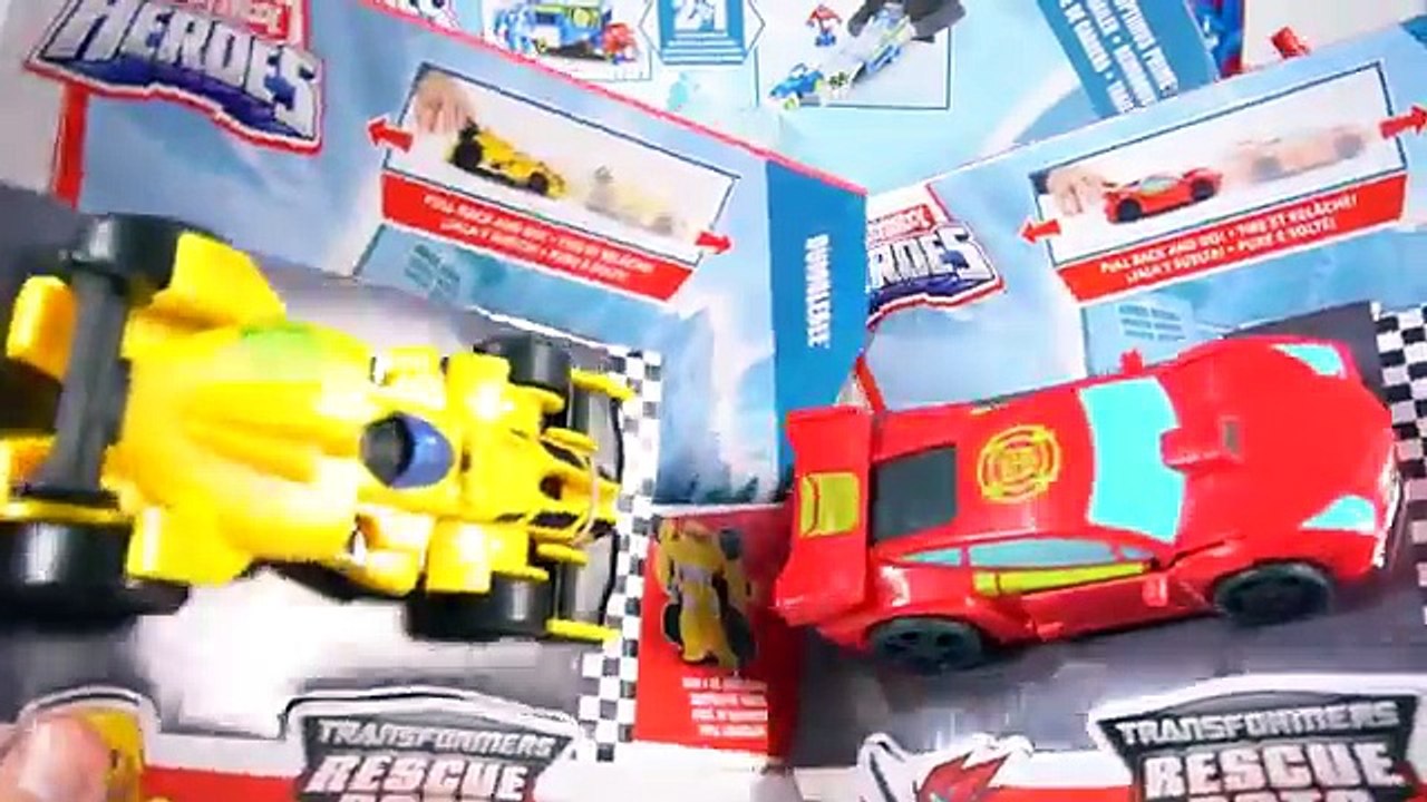 TRANSFORMERS RESCUE BOTS OPTIMUS PRIME RACING TRAILER HAULER BLURR SIDESWIPE BUMBLEBEE TOYS