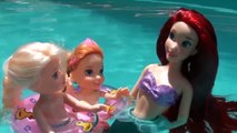 Anna and Elsa Toddlers Mermaids w/ Mal and Evie #2 Swimming Pool Barbie Ariel Frozen Toys In Action