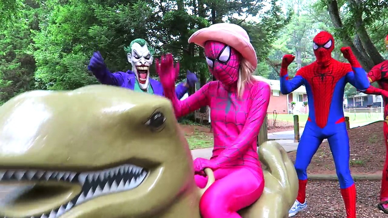 Spiderman vs Frozen Elsa T-REX Cowboy Rodeo! w/Pink Spidergirl, Joker, Ironman
