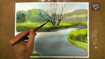 Watercolor Painting landscape : Trees Silhouetted against a Lake