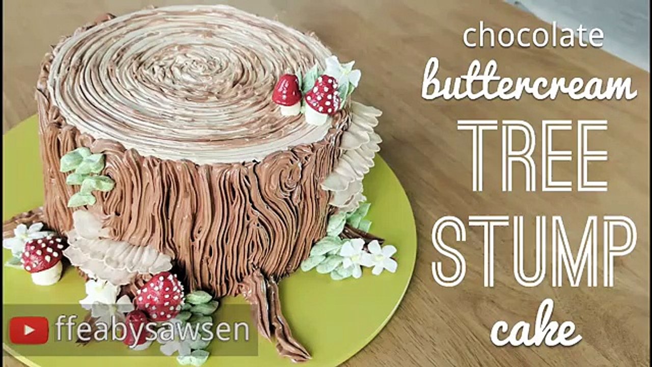 Relaxing cake decorating: all buttercream tree stump cake - piping bark, mushrooms, flowers