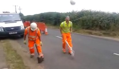 Road Worker Shovel Helmet Hat Trick Fail