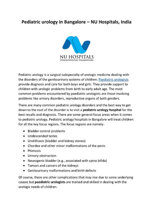 Pediatric urology in Bangalore NU Hospitals India