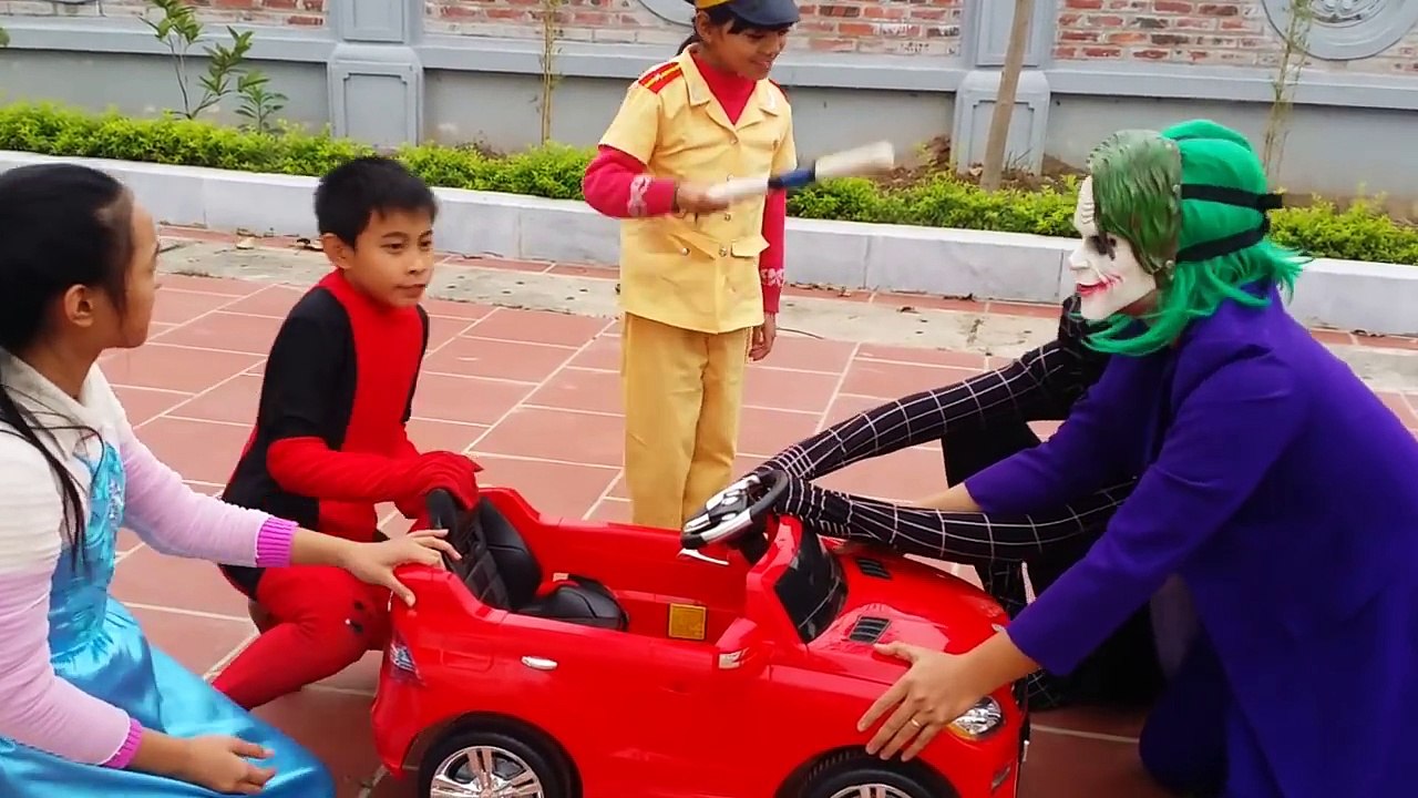 ROB Car Between Frozen Elsa and Joker w/ Superheroes in Real Life Funny Video