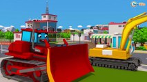 Red Bulldozer & Yellow Excavator digging in the Big City 3D Cartoon for Kids Cars & Trucks Stories