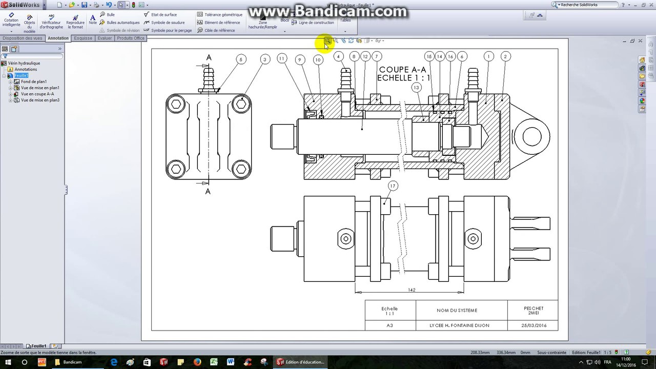 Vérin hydraulique-TP25-Vérin hydraulique (mise en plan) dessin d'ensemble partie 1