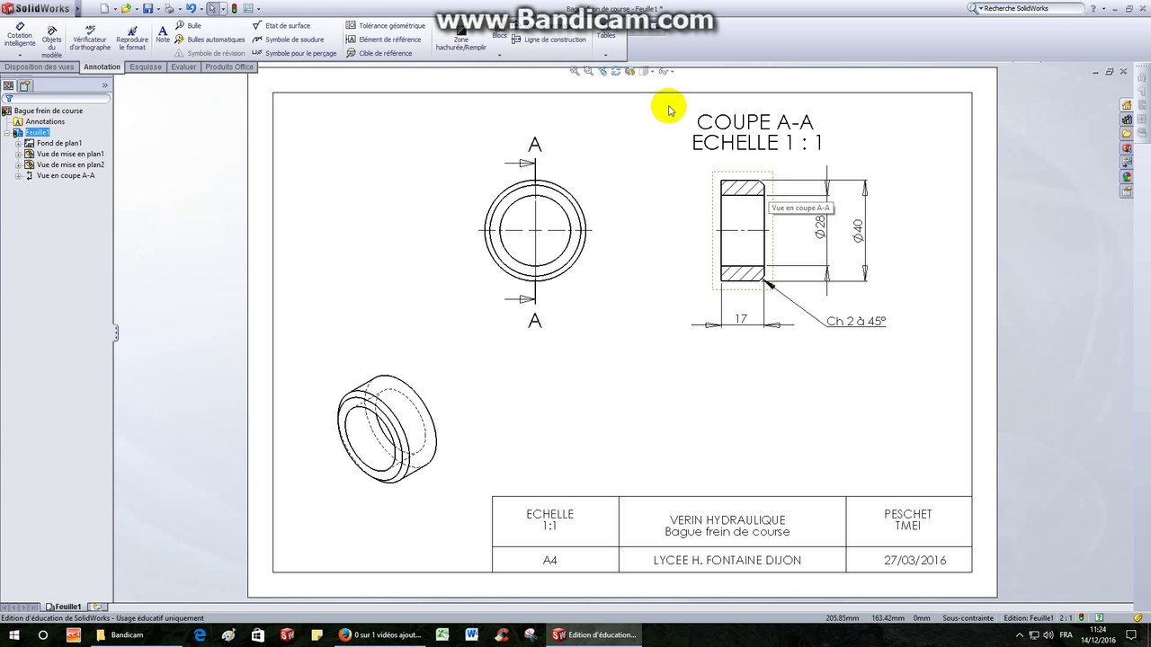 Vérin hydraulique-TP26-Bague frein de course (mise en plan) dessin de définition